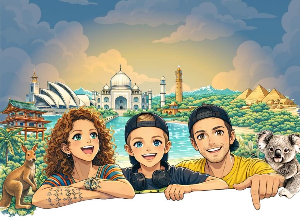 illustration famille voyage tour du monde